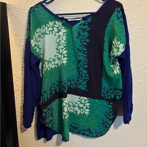 Language Women’s Size Medium Blue and Green Patterned Blouse